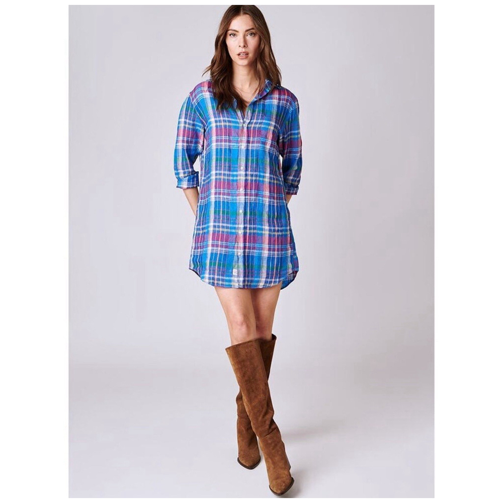 NWOT Frank & Eileen Mary Classic Long Sleeve Linen Shirtdress Blue Pink Plaid